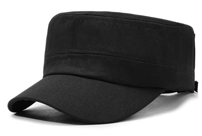Washed Cotton Flat Top Military Cap for Unisex - color: Black