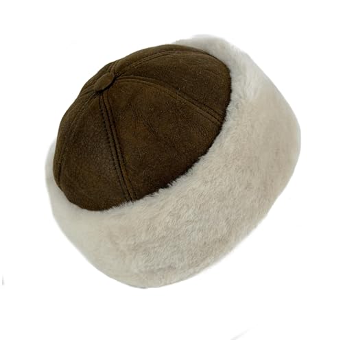 Lukkizara Winter Leather Hat Shearling Sheepskin Fur Beanie Hat - color: Brown, size: Medium