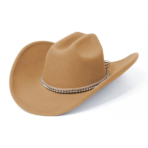 Cowboy Hats for Women and Men with Wide Brim Felt Western Hats for Cowgirls and Cowboys - color: Camel