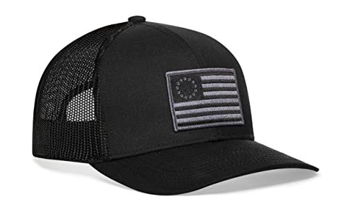HAKA American Flag Hat | USA Mesh Trucker Snapback Comfort Baseball Cap - color: Black, style: Betsy Ross Flag Hat (Grey Stripes)
