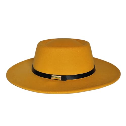 Fedora Hat for Men and Women, Wide Brim Flat Top Cap - color: Yellow