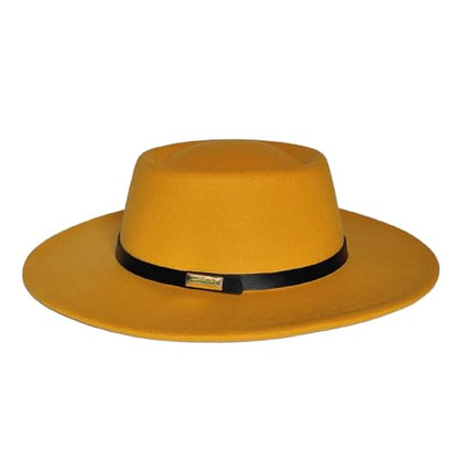 Fedora Hat for Men and Women, Wide Brim Flat Top Cap - color: Yellow