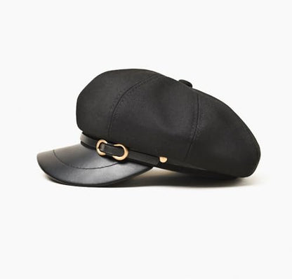 Womens Newsboy Cap Fashion PU Leather Cabbie Painter Hat Beret Cap - color: Black