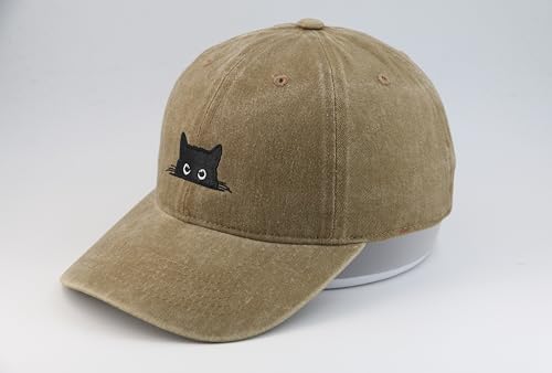 Peeking Black Cat Embroidered Washed Baseball Cap, Adjustable Vintage Dad Hat for Cat Lovers Unisex - color: Khaki