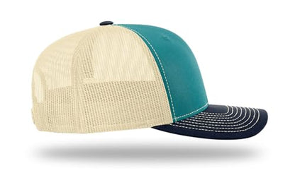 Richardson 112 Trucker Hat - Premium Blank Baseball Cap, Adjustable Snapback Hat - Structured Six Panel Richardson Blank Hats - color: Blue Teal/Birch/Navy