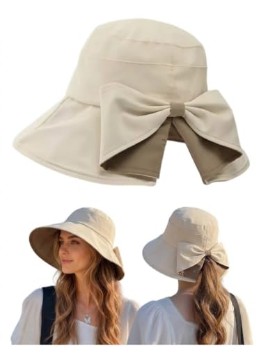 Women Bowknot Wide Brim UPF50+ Foldable Travel Beach Sun Hat - color: Cream Beige