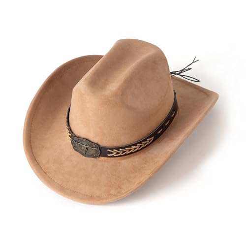 Western Cowboy Hat for Women Men Retro Suede Hat - color: Khaki-square Bull Buckle
