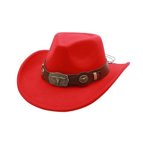 Western Cowboy Hat for Men Cowgirl Hat for Women Unisex Wide Brim Felt Fedora Hats Classic Cowboy Hats - color: Red