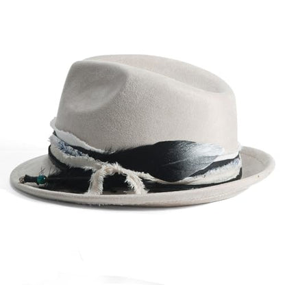 Fedora Trilby Hats for Men Women Handmade 1920s Classic Short Brim Hat with Feathers Unisex - color: Cream