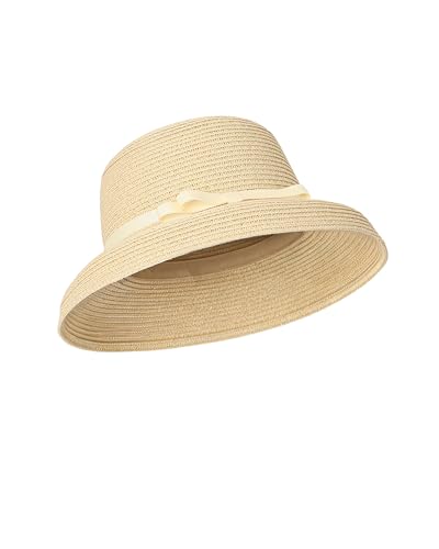 Sun Hats for Women Summer Beach Hat for Women with UV Sun Protection Large Straw Hats for Women with Strap - color: Beige+smallbrimbowknot