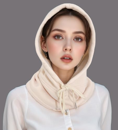 Unisex Sporty Snood Hat with drawstring Hood Scarf Neck Warmer Winter Balaclava Hood - color: Ivory