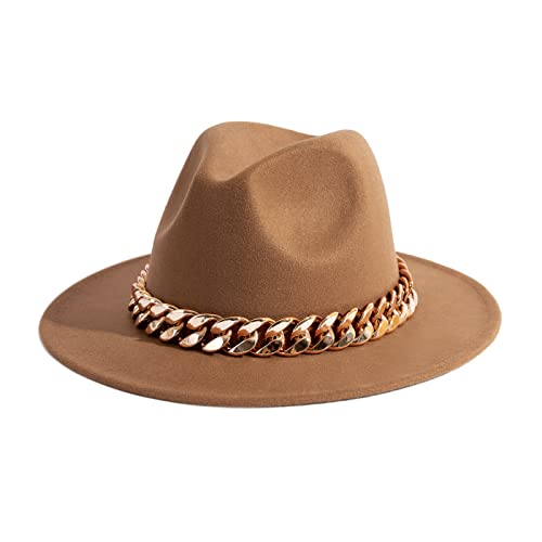 Men & Women Wide Brim Fedora Hat with Chain Buckle - color: Chain Belt-khaki