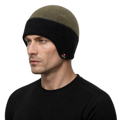 TOP-EX Waterproof Ear Flap Beanie for Men, Polartec Fleece Lined - color: Black & Army Green, size: X-Large-XX-Large