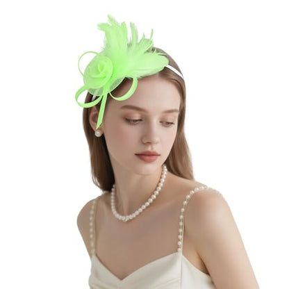 AMCAMI Fascinators Hats with Feather for Women 2026 Derby Hats Small Tea Party Hat with Headband - color: Light Green