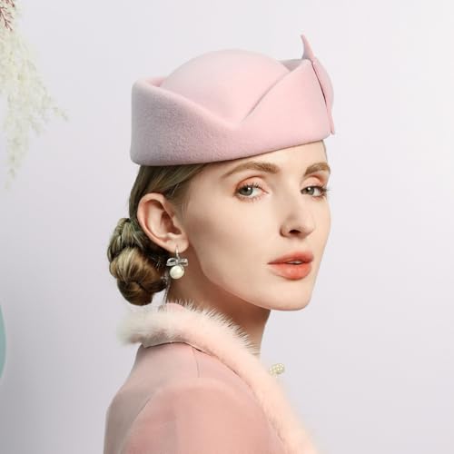 HIMESPORT Wool Felt Bowler Fascinators Hats for Women Ladies Female Elegant Wedding Tea Party Beret Hat with Bowknot - color: Pink