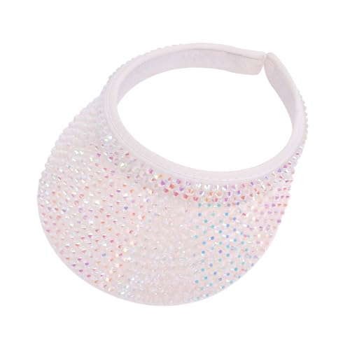 Haoohu Shiny Rhinestones Clip On Sport Sun Visor Hat for Women Men Outdoor Adjustable Wide Brim Summer Cap - color: White Rhinestone