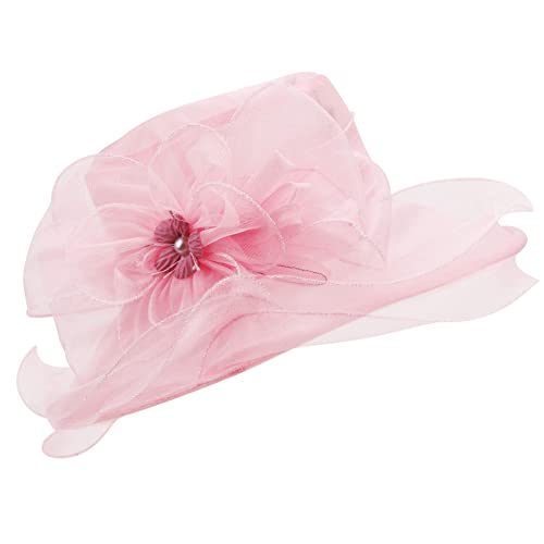 AQOKKA Women Organza Church Fascinators Kentucky Derby Hats for Women and Girls Wedding Flower Tea Party Hat with Wide Brim - color: Simulated Flower : Pink