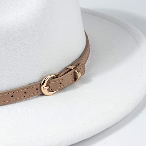 DRESHOW Women Classic Felt Fedora Wide Brim Floppy with Belt Buckle Panama Hat - color: White (Khaki Belt Buckle)