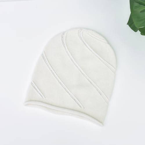 Women's Knitted Angora Wool Hat for Autumn and Winter Warm and Stylish with Rolled Brim and Slanted Rhinestones Cap - color: New-white