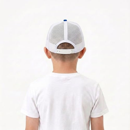 BROMZ Kids Youth American Flag Trucker Hat Flat Bill, Breathable Mesh Back Snapback Baseball Cap for Boys Girls 5-15 Years - color: White/Blue/Us Flag