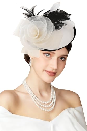 BABEYOND Fascinators Hats for Women Tea Party Mesh Flower Pillbox Derby Hat - color: White Black