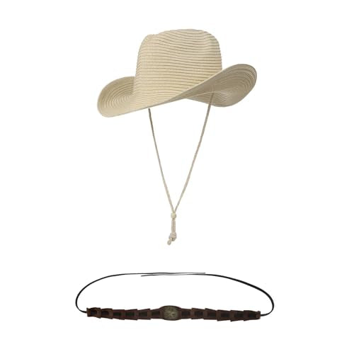 Unisex Straw Cowboy Hat Wide Brim Western Sun Hat Adjustable Beach Cowgirl Hat for Summer Outdoor Sun Protection - color: Beige,leather Hat Strap