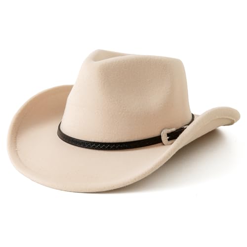JOYEBUY Kids Western Cowboy Hat for Boys Girls Classic Fedora Hat Felt Cowboys Hats with Leather Buckle - color: Beige