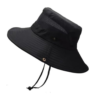 Sun Hats for Women Outdoor Breathable Wide Brim Hat Mesh Ponytail Hole Bucket Hat - color: Black