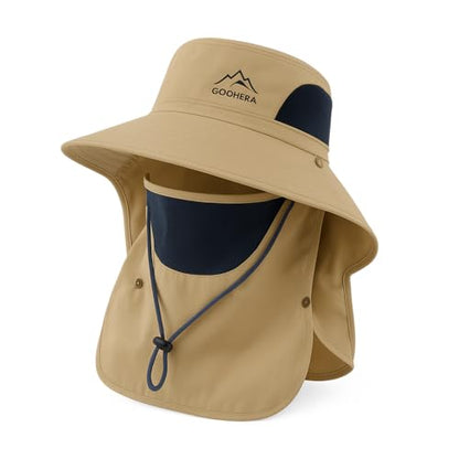 Sun Hat for Men & Women, Breathable Wide Brim Outdoor Fishing Hat with Face Cover & Neck Flap - color: Khaki
