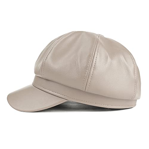 Womens PU Leather Newsboy Cap Paperboy Newsie Cap Bakerboy Beret Cabbie Hat - color: Beige