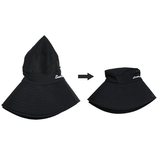 Women's Outdoor-UV-Protection-Foldable-Sun-Hats-Wide-Brim Hat Ponytail-Hole - color: Black