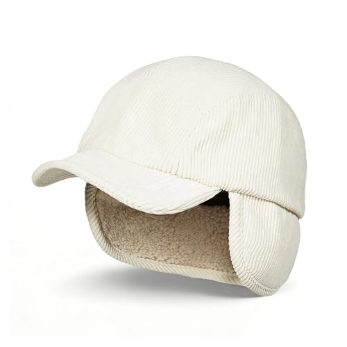 Clakllie Winter Earflaps Hat Short Brim Baseball Cap with Ear Flap Warm Trapper Hat Soft 5 Panel Style Russian Hats - color: Cdus-bsdt2501-beige