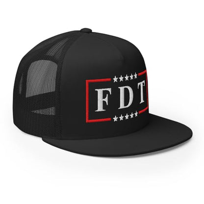 NX FDT Embroidered Flat Bill Trucker Hat High Crown Adjustable FDT Hat - color: Black