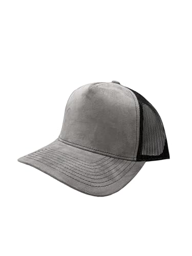 Ashen Fane Faux Suede Polyester Blend 5 Panel Classic Flat or Round Visor Adjustable Snapback Mesh Back Trucker Hat - color: Round - Grey