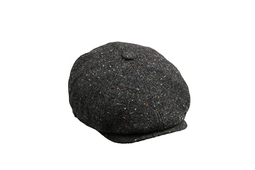 8 Panel Wool Blend Newsboy Cap – Classic Tweed & Herringbone Baker Boy Hat for Men & Women - color: Black Tweed, size: Small