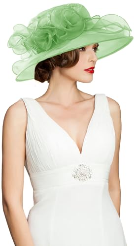 Women's Kentucky Derby Church Dress Hat Wide Brim Leaf Flower Bridal Shower Hat - color: A11-mint Green
