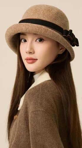 Women Vintage Felt Cloche Hats Winter Fall Solid Fedora Bucket Caps Elegant Bowler Hat Bowknot - color: Mocha