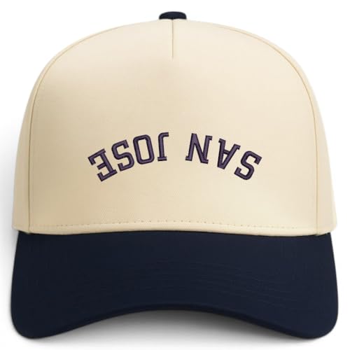 Trendy Apparel Shop San Jose Upside Down Embroidered 5 Panel Two Tone Vintage Ball Cap - color: Natural Navy