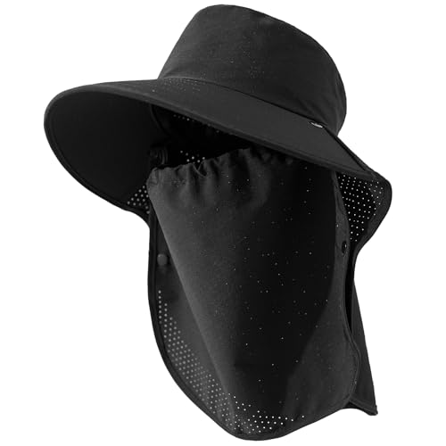 Mesh Breathable Sun Hat for Men,Women,Wide Brim UPF50+ with Neck Flap, Detachable Face Cover, Outdoor Fishing Sun Hat - color: Black