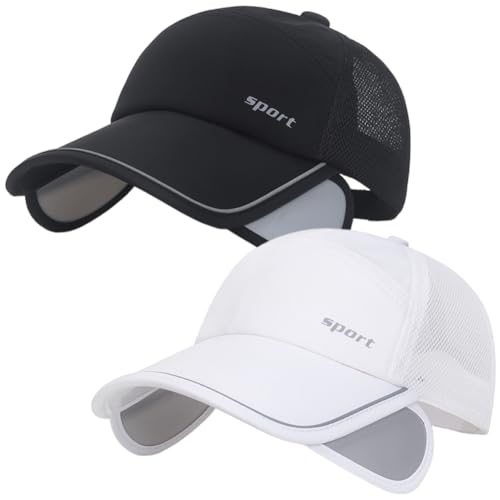 2Pcs Mesh Back Baseball Cap with Retractable Brim for Men Women UV Sun Protection Breathable Tennis Golf Visors Hats - color: Black& White