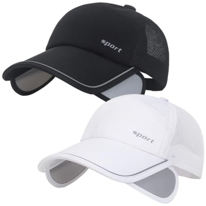 2Pcs Mesh Back Baseball Cap with Retractable Brim for Men Women UV Sun Protection Breathable Tennis Golf Visors Hats - color: Black& White
