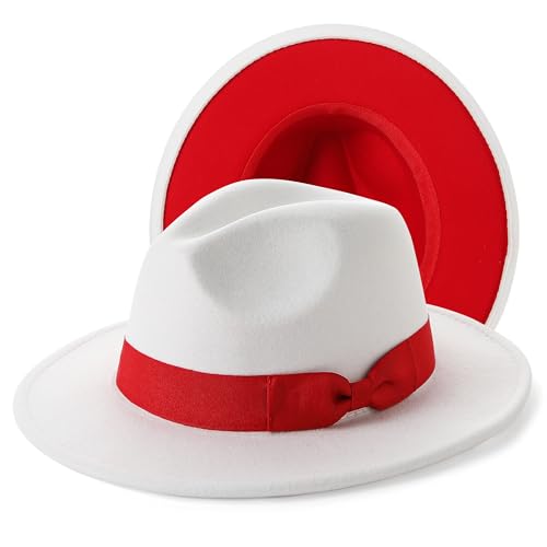BABEYOND 1920s Fedora Hat for Men Gatsby Wide Brim Hat Felt Panama Cap - color: Rd/White-rd