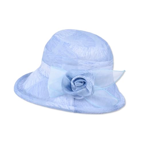LumiSyne Women's Tulle Sun Hat Floral Bucket Hat Vintage Elegant Cloche Hat with Upturn Brim Summer Cap for Beach Travel - color: Blue
