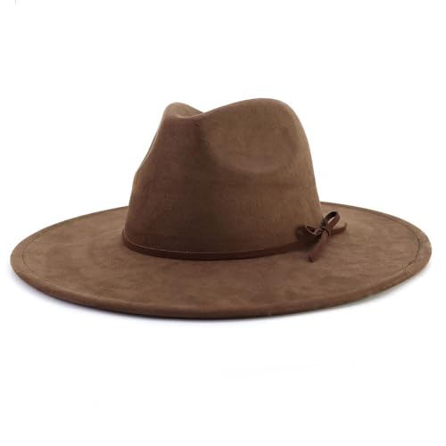 Fedora Hats for Women Man with Big Wide Brim Classic Suede Panama Hat Western Outdoor hat - color: Coffee