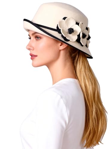 HIMESPORT Women's Black White Wool Felt Cloche Hat with Flower Formal Church Tea Party Dress Cocktail Rolling Brim Hats - color: White