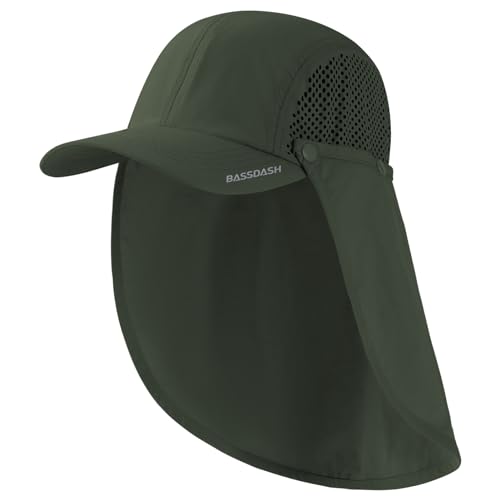 BASSDASH UPF 50+ Fishing Hat, Baseball Cap with Removable Neck Flap - color: Army Green With Unfoldable Brim