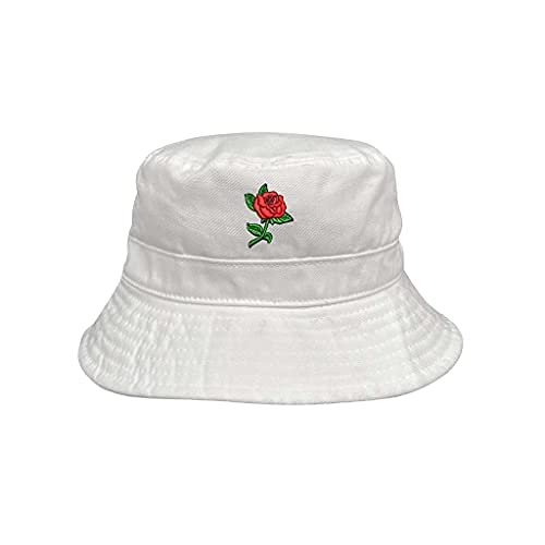 Red Rose Embroidered Bucket Hat, Unisex Hat, Summer Hat, Sun Hat, Outdoors Hat - color: White