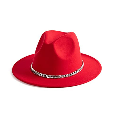 Women Men Wide Brim Fedoran Hat with Chain Belt Buckle - color: Red