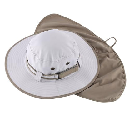 Home Prefer UPF50 Mens Sun Hat with Neck Flap Quick Dry UV Protection Cap Womens Wide Brim Fishing Hat Neck Flap Beach Garden - color: Off-white