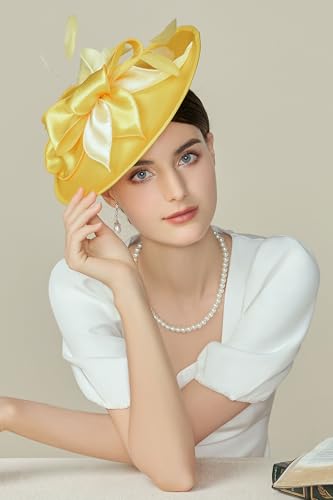 BABEYOND Derby Hats for Women Wide Brim Flower Feather Tea Party Fascinator - color: Yellow